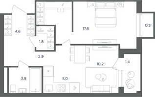 Планировка однокомнатной(квартира) площадью 45.9 квадратных метров в “ЖК Равновесие”