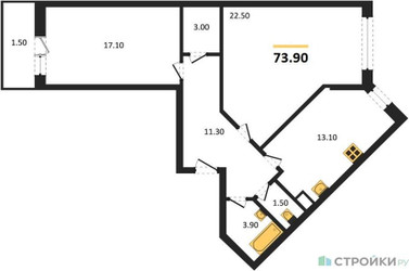 Планировка двухкомнатной(квартира) площадью 73.9 квадратных метров в ЖК “ЖК Малиново”
