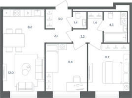 Планировка трехкомнатной(квартира) площадью 57.7 квадратных метров в “ЖК Равновесие”