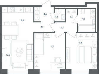 Планировка трехкомнатной(квартира) площадью 57.7 квадратных метров в ЖК “ЖК Равновесие”