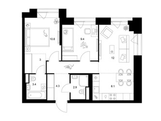 Планировка двухкомнатной(квартира) площадью 58.3 квадратных метров в ЖК “Нарвин”