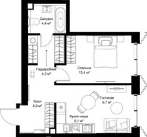 Планировка однокомнатной(квартира) площадью 44.8 квадратных метров в “ЖК СЕТ”