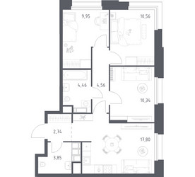 Планировка трехкомнатной(апартаменты) площадью 64.26 квадратных метров в ЖК “ЖК Апарт-отель Тропарево парк”