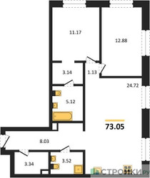 Планировка двухкомнатной(квартира) площадью 73.05 квадратных метров в ЖК “ЖК УЛЬТИМА Сити”
