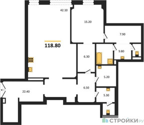 Планировка однокомнатной(квартира) площадью 118.8 квадратных метров в ЖК “ЖК Nicole (Николь)”
