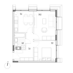 Планировка двухкомнатной(апартаменты) площадью 44.3 квадратных метров в ЖК “ЖК Wellbe (Вэллби)”