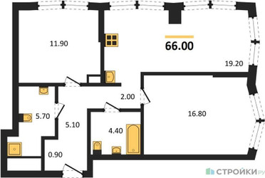 Планировка двухкомнатной(квартира) площадью 66 квадратных метров в ЖК “Акценты”