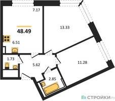 Планировка двухкомнатной(квартира) площадью 48.49 квадратных метров в “ЖК Рублевский Квартал”