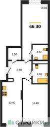 Планировка двухкомнатной(квартира) площадью 66.3 квадратных метров в ЖК “ЖК Детали”