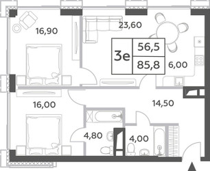 Планировка трехкомнатной(квартира) площадью 85.8 квадратных метров в ЖК “ЖК Will Towers (Вилл Тауэрс)”