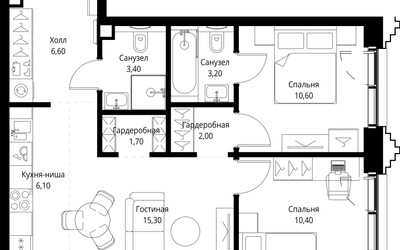 Планировка двухкомнатной(квартира) площадью 59.3 квадратных метров в ЖК “ЖК SET (Сет)”