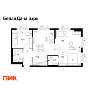 Планировка трехкомнатной(квартира) площадью 69.1 квадратных метров в “ЖК Белая Дача парк”