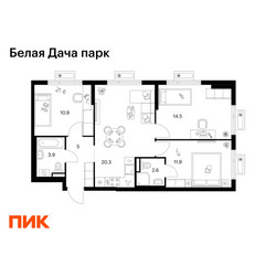 Планировка трехкомнатной(квартира) площадью 69.1 квадратных метров в ЖК “ЖК Белая Дача парк”