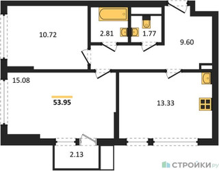 Планировка двухкомнатной(квартира) площадью 53.95 квадратных метров в ЖК “ЖК Остафьево”