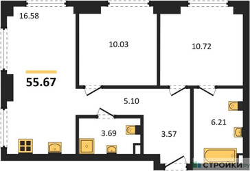 Планировка двухкомнатной(квартира) площадью 55.67 квадратных метров в ЖК “ЖК Гранд Фили”