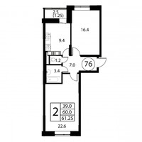 Планировка двухкомнатной(квартира) площадью 61.2 квадратных метров в “ЖК Космос”