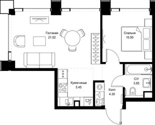 Планировка однокомнатной(квартира) площадью 45.42 квадратных метров в ЖК “ЖК СЕТ”
