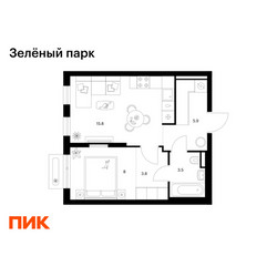 Планировка однокомнатной(квартира) площадью 37 квадратных метров в ЖК “ЖК Зеленый парк”