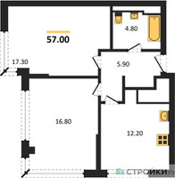 Планировка двухкомнатной(квартира) площадью 57.1 квадратных метров в “ЖК VERY на Миклухо-Маклая (Вери на Миклухо-Маклая)”