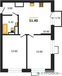 Планировка двухкомнатной(квартира) площадью 51.4 квадратных метров в ЖК “ЖК Форевиль”