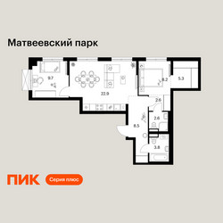 Планировка двухкомнатной(квартира) площадью 63.6 квадратных метров в ЖК “ЖК Матвеевский парк”