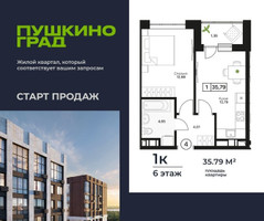 Планировка однокомнатной(квартира) площадью 35.79 квадратных метров в “ЖК Пушкино Град”