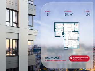Планировка трехкомнатной(квартира) площадью 54 квадратных метров в ЖК “ЖК РУСИЧ-Кантемировский”