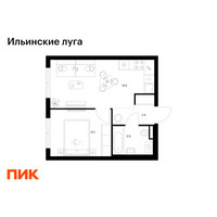 Планировка однокомнатной(квартира) площадью 34.3 квадратных метров в “ЖК Ильинские луга”