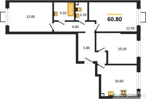 Планировка трехкомнатной(квартира) площадью 60.8 квадратных метров в “ЖК Лучи-2”