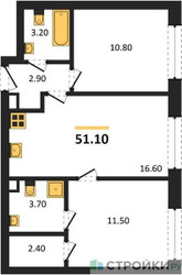 Планировка двухкомнатной(квартира) площадью 51.1 квадратных метров в ЖК “ЖК ЗИЛАРТ”