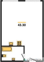 Планировка однокомнатной(апартаменты) площадью 43.3 квадратных метров в ЖК “ЖК Nametkin Tower (Наметкин Тауэр)”