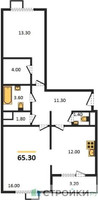 Планировка двухкомнатной(квартира) площадью 65.3 квадратных метров в “ЖК Первый Лермонтовский”