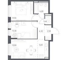 Планировка двухкомнатной(квартира) площадью 53.25 квадратных метров в “ЖК Богдановский Лес”
