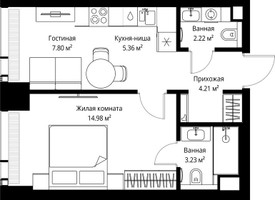 Планировка однокомнатной(квартира) площадью 37.8 квадратных метров в “ЖК Веер”