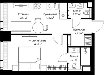Планировка однокомнатной(квартира) площадью 37.8 квадратных метров в ЖК “ЖК Веер”
