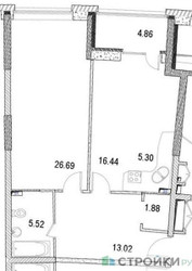 Планировка однокомнатной(апартаменты) площадью 73.7 квадратных метров в ЖК “ЖК Маршал”