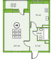 Планировка однокомнатной(квартира) площадью 40.4 квадратных метров в “ЖК Дом у озера”