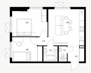 Планировка двухкомнатной(квартира) площадью 50.6 квадратных метров в ЖК “ЖК Юнино”