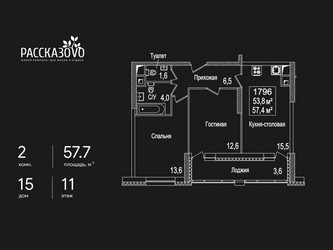 Планировка двухкомнатной(квартира) площадью 57.7 квадратных метров в ЖК “ЖК Рассказово”