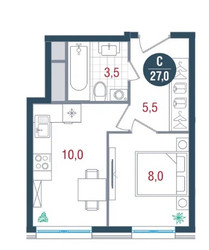Планировка студии(квартира) площадью 27 квадратных метров в ЖК “ЖК РУСИЧ-Кантемировский”