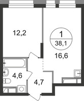 Планировка однокомнатной(квартира) площадью 38.1 квадратных метров в “ЖК Первый Московский”