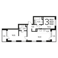 Планировка трехкомнатной(квартира) площадью 59.8 квадратных метров в “Новые Ватутинки. Заречный”