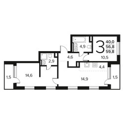 Планировка трехкомнатной(квартира) площадью 59.8 квадратных метров в ЖК “Новые Ватутинки. Заречный”