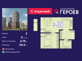 Планировка двухкомнатной(квартира) площадью 34.5 квадратных метров в “ЖК Героев”