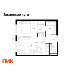 Планировка однокомнатной(квартира) площадью 34.6 квадратных метров в ЖК “ЖК Ильинские луга”