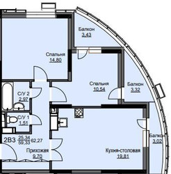 Планировка двухкомнатной(квартира) площадью 63 квадратных метров в ЖК “ЖК Соболевка”