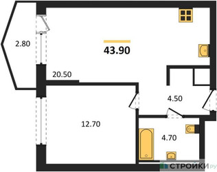 Планировка однокомнатной(квартира) площадью 43.9 квадратных метров в ЖК “ЖК Символ”
