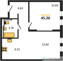 Планировка однокомнатной(квартира) площадью 45.26 квадратных метров в “ЖК Остафьево”