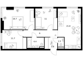 Планировка трехкомнатной(квартира) площадью 76.9 квадратных метров в “ЖК Зеленый парк”