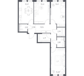 Планировка трехкомнатной(квартира) площадью 78.57 квадратных метров в ЖК “ЖК Космический Квартал”